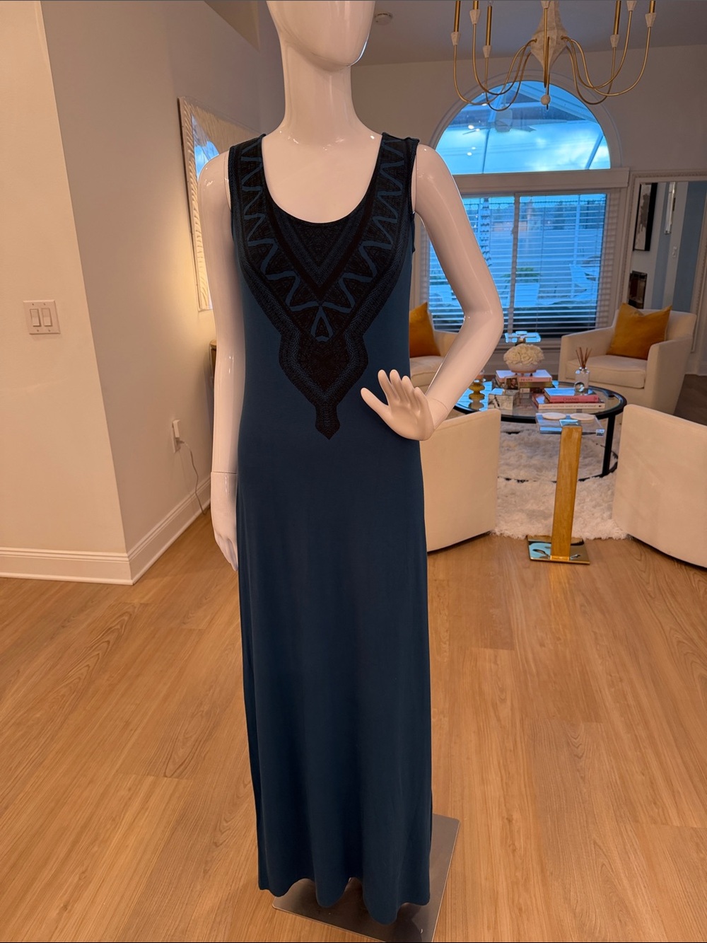 Sleeveless Teal  Maxi Dress with Black Embroidered Yoke